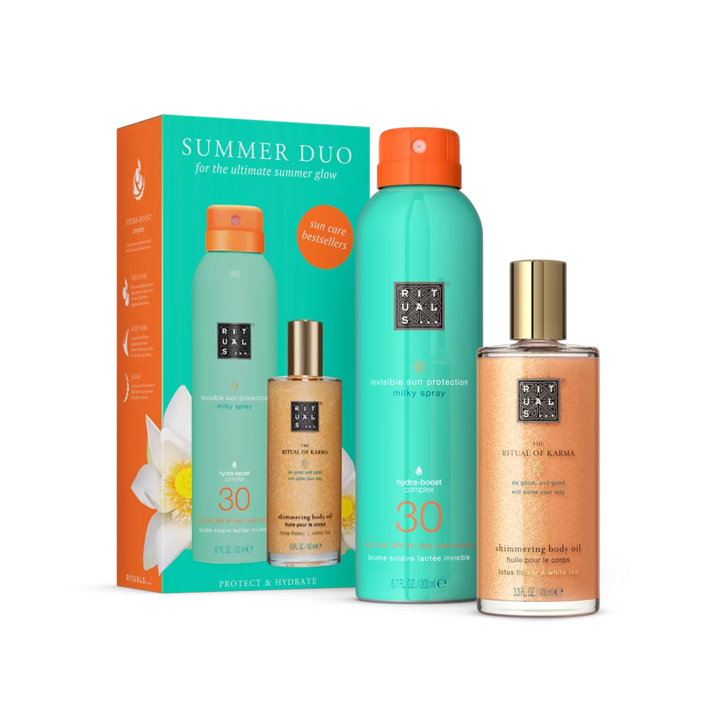 The Ritual of Karma Suncare Set body shimmer oil 100ml, sun protection milky spray spf 30 200ml