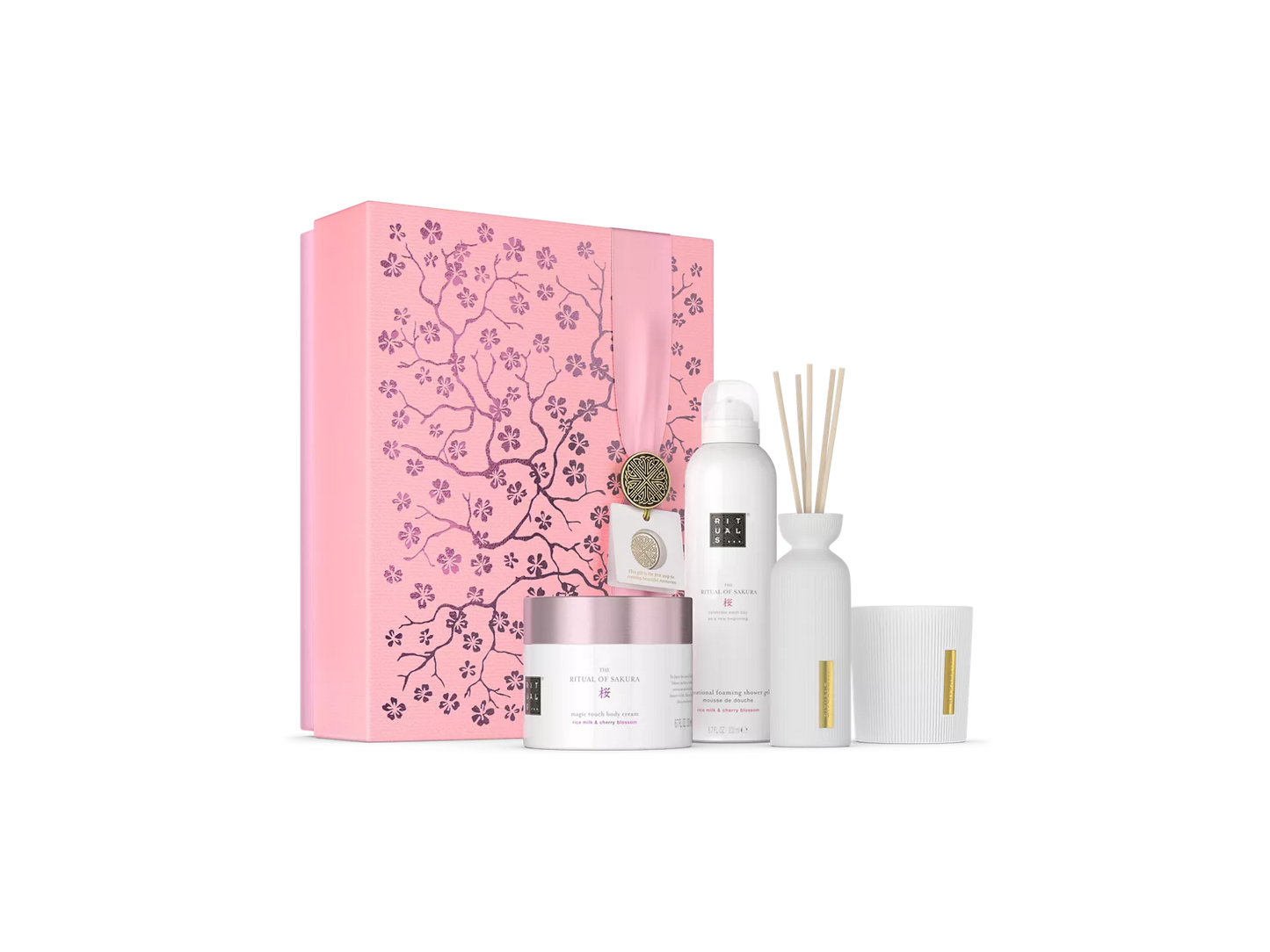 The Ritual of Sakura Gift Set L schuimende douchegel 200 ml, bodycrème 200 ml, geurkaars 140 gr, mini geurstokjes 70 ml