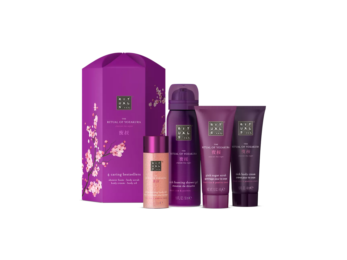 The Ritual of Yozakura Gift Set S schuimende douchegel 50 ml, bodycrème 40 ml, roze suikerscrub 45 g, glinsterende lichaamsolie 30 ml
